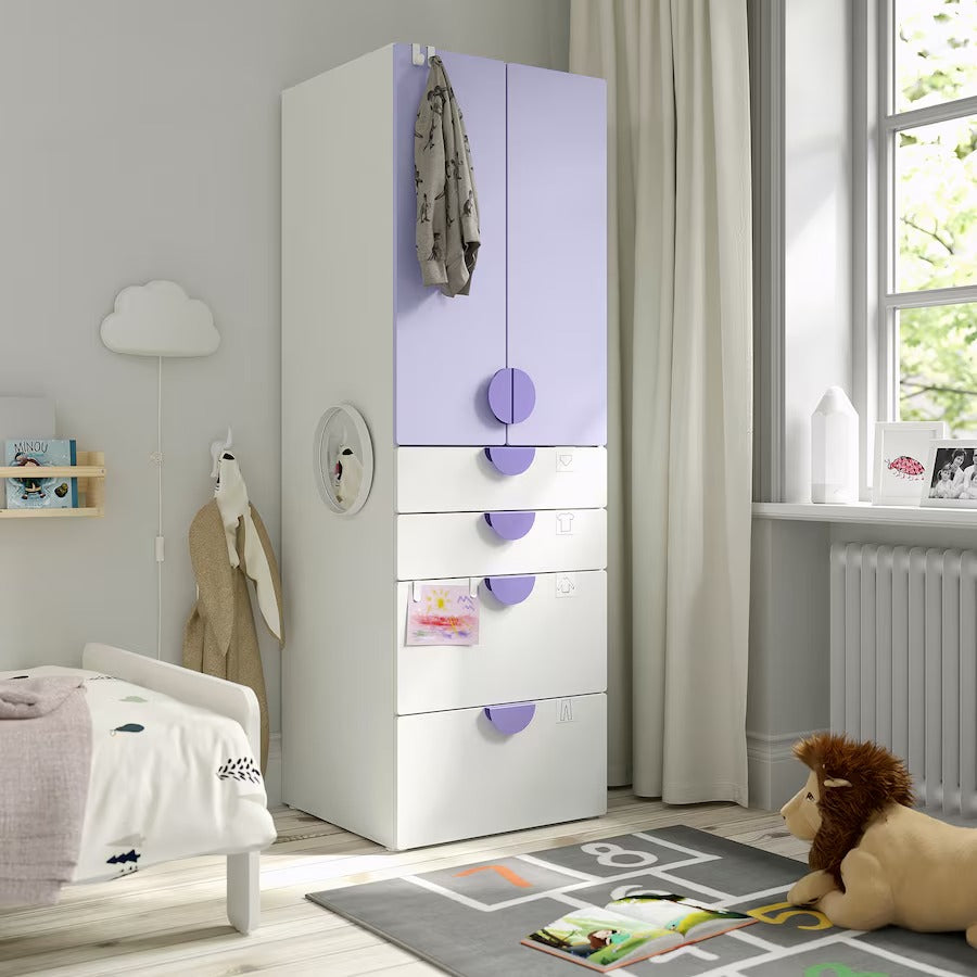 SMÅSTAD / PLATSA Wardrobe, white blue/with 4 drawers, 60x57x181 cm