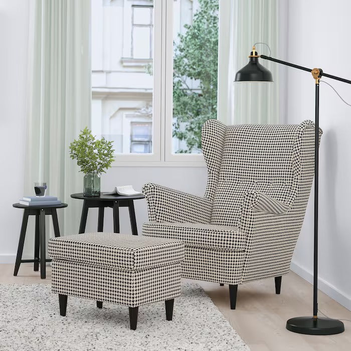 STRANDMON Armchair and footstool, Vibberbo black/beige