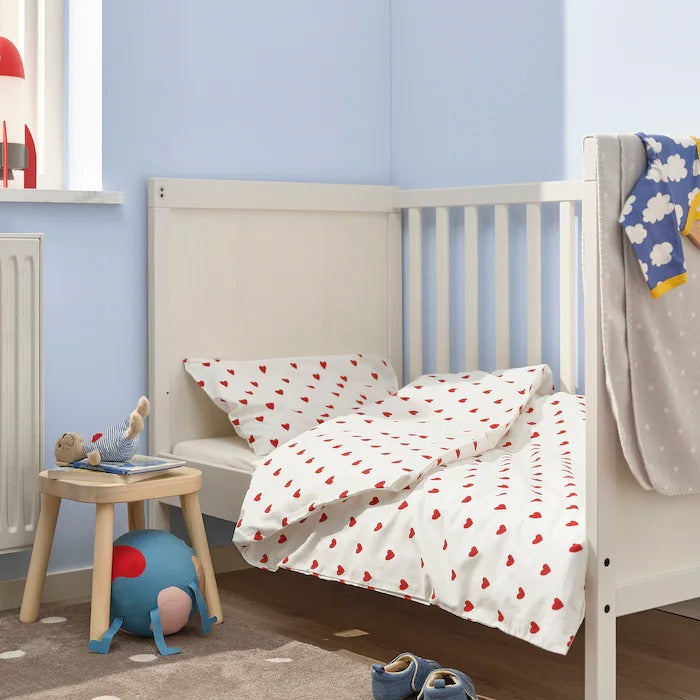 BARNDRÖM Duvet cover 1 pillowcase for cot, heart pattern/white red, 110x125/35x55 cm
