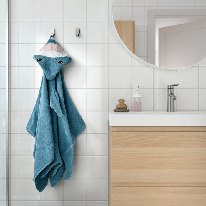 BLÅVINGAD Towel with hood, shark-shaped/blue-grey, 70x140 cm