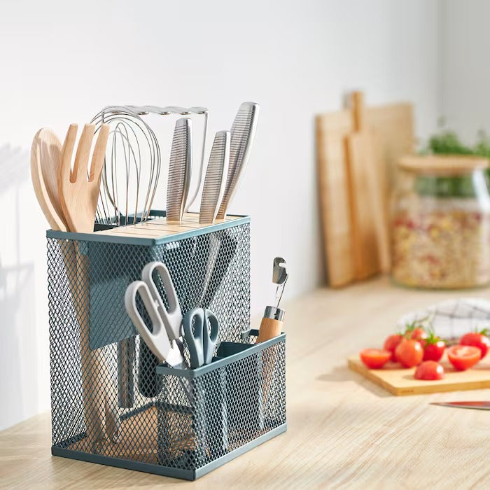 New VIMPELFISK Knife block, bamboo/grey-turquoise