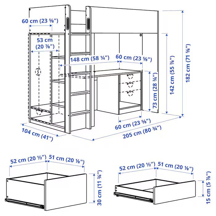 SMÅSTAD Loft bed, white white/with desk with 4 drawers, 90x200 cm