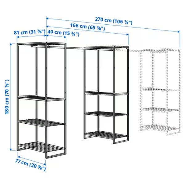 JOSTEIN Shelving unit with clothes rod, in/outdoor/wire white, 81x166/270x180 cm
