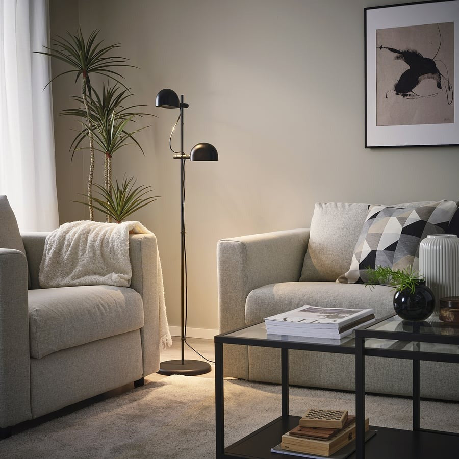 FOLKBÅT Floor lamp with 2-spot, black