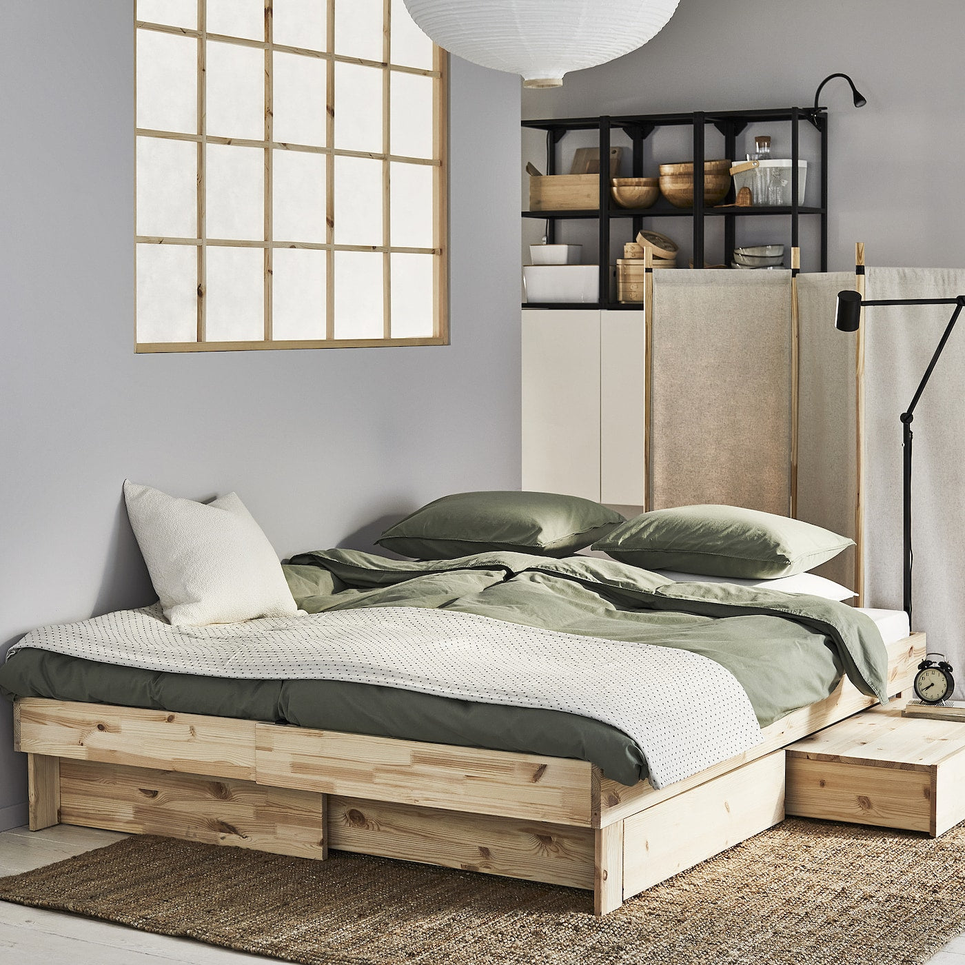 GLAMBERGET Extendable bed w stor/2 mattresses, pine/Åfjäll medium firm, 80x200 cm