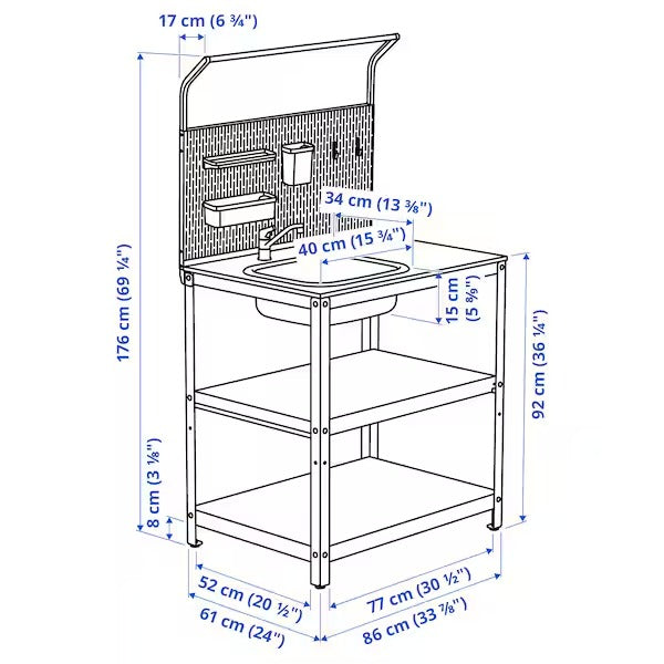 GRILLSKÄR Sink unit w back panel, stainless steel/outdoor, 86x61x176 cm