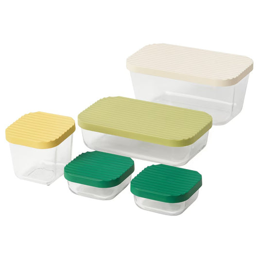 HAVSTOBIS Food container with lid, set of 5, transparent/multi colour