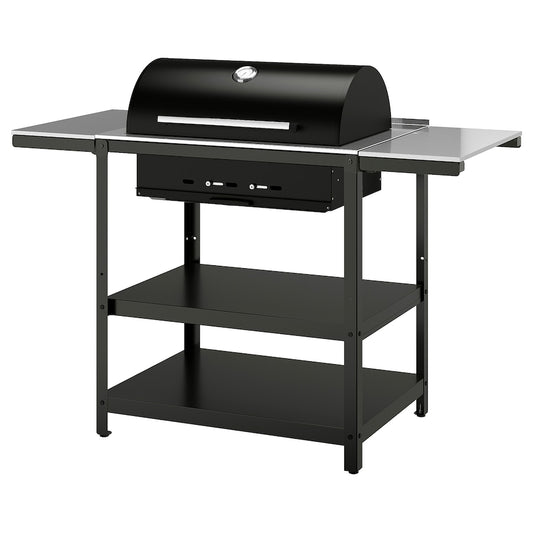 GRILLSKÄR Charcoal barbecue w 2 side tables, stainless steel/outdoor, 99/123/147x61 cm