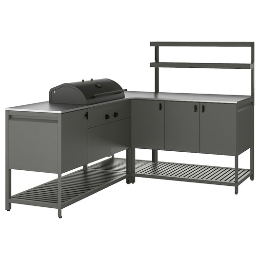 BÅTSKÄR Outdoor kitchen w charcoal barbecue, dark grey, 180x180x152 cm