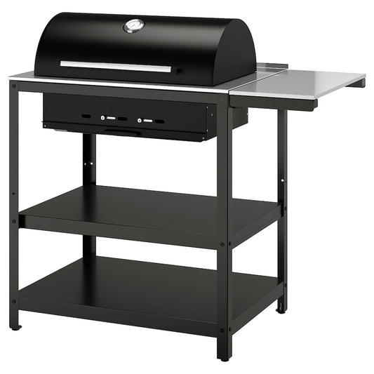 GRILLSKÄR Charcoal barbecue w side table, stainless steel/outdoor, 93/116x61 cm