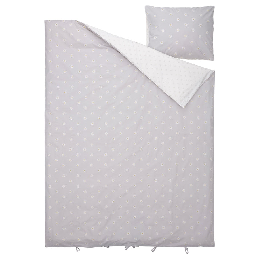 NATTSLÄNDA Duvet cover and pillowcase, floral pattern grey/white, 150x200/50x80 cm
