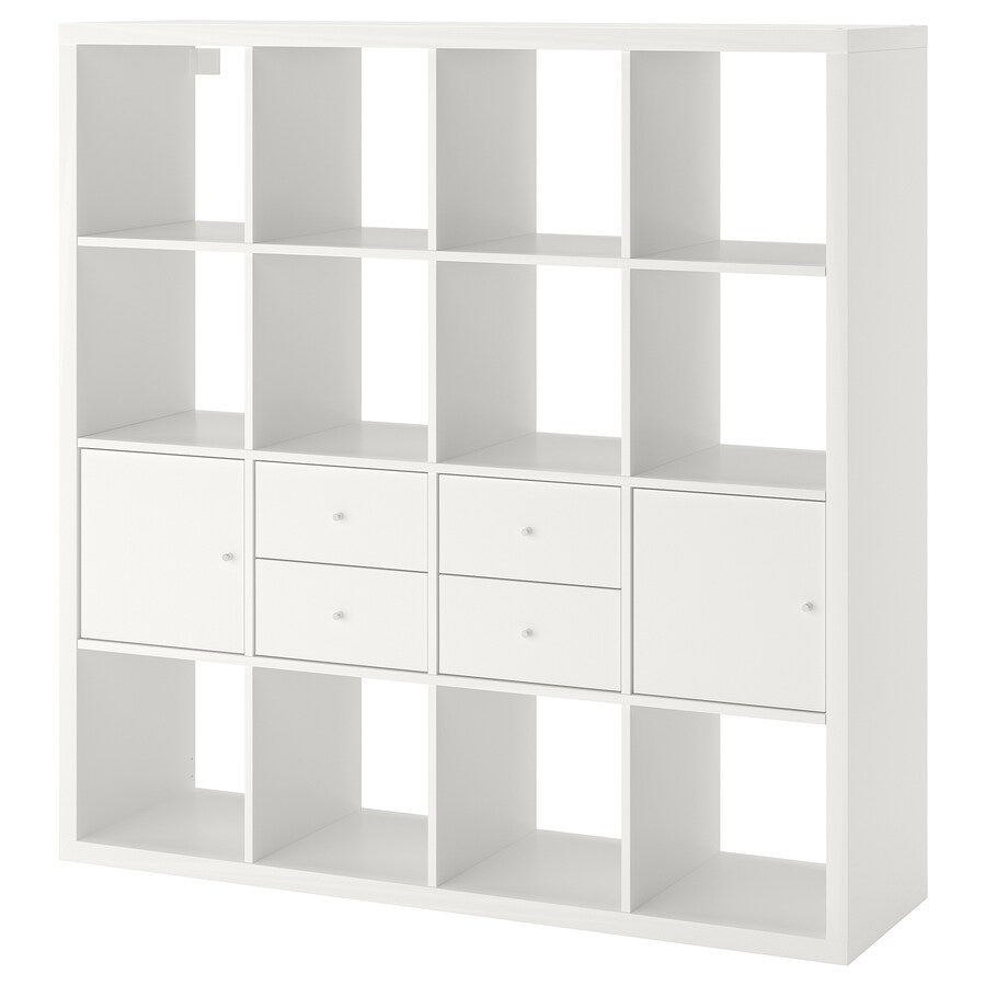 KALLAX Shelving unit with 4 inserts, white stained oak effect, 147x147 cm