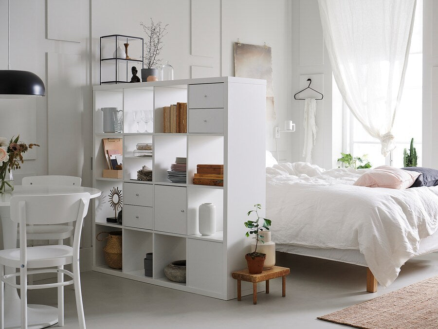 KALLAX Shelving unit with 4 inserts, white stained oak effect, 147x147 cm