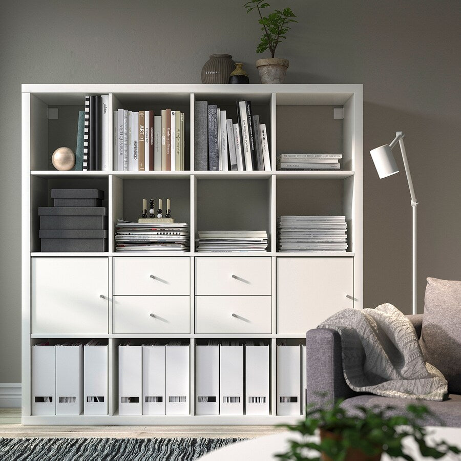 KALLAX Shelving unit with 4 inserts, white stained oak effect, 147x147 cm