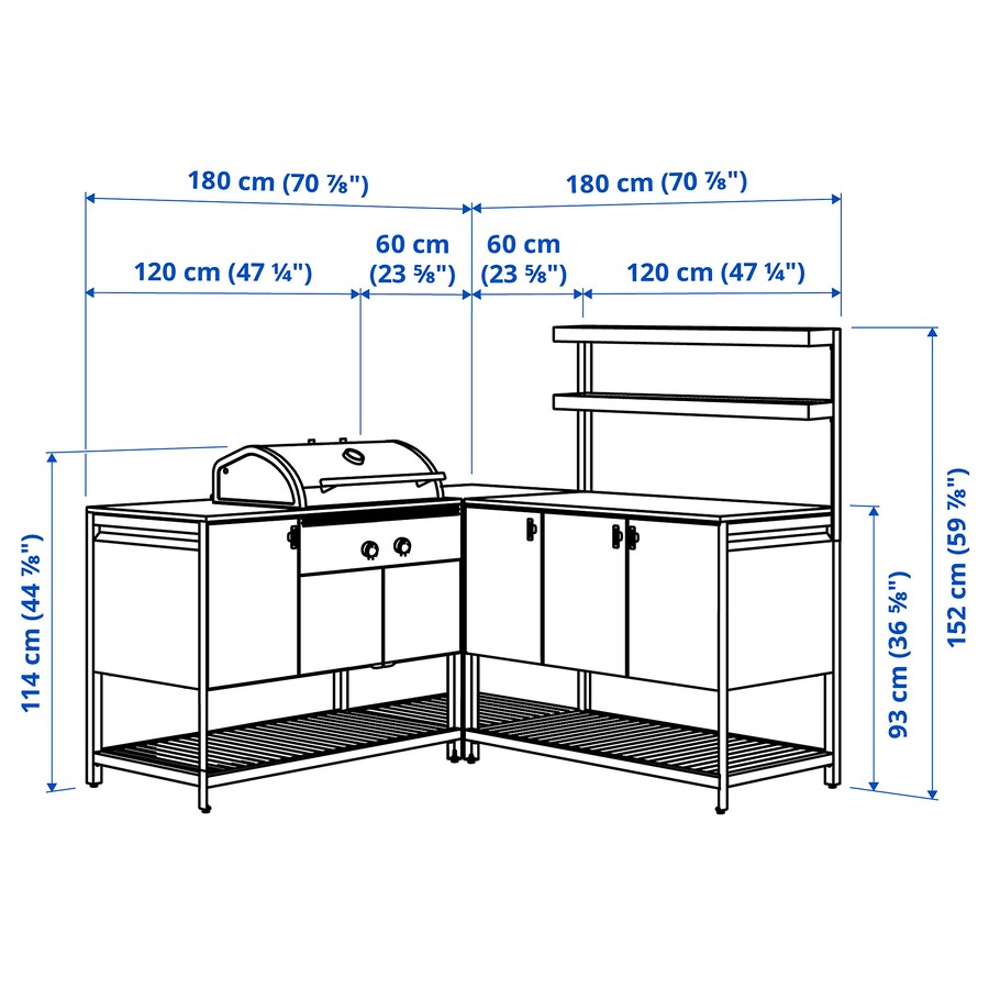 BÅTSKÄR Outdoor kitchen w charcoal barbecue, dark grey, 180x180x152 cm