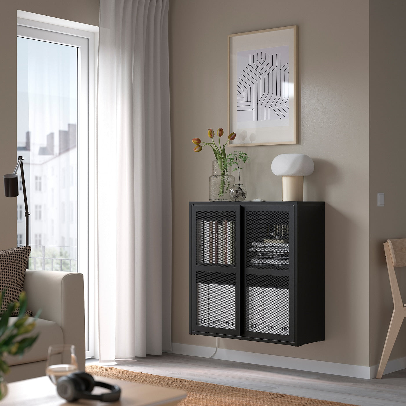 IVAR Cabinet with doors, grey-green mesh, 80x83 cm