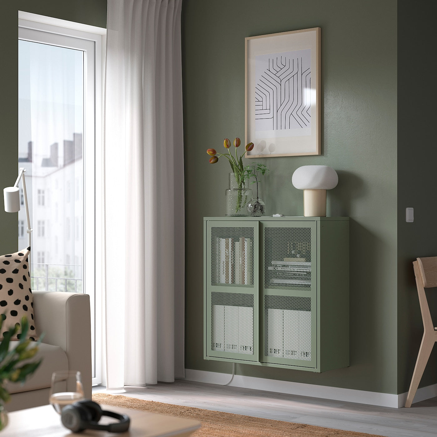 IVAR Cabinet with doors, grey-green mesh, 80x83 cm