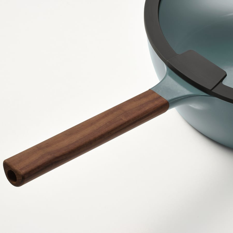 KLIPPFISK Sauté pan with lid, non-stick coating glass/wood grey-turquoise, 28 cm