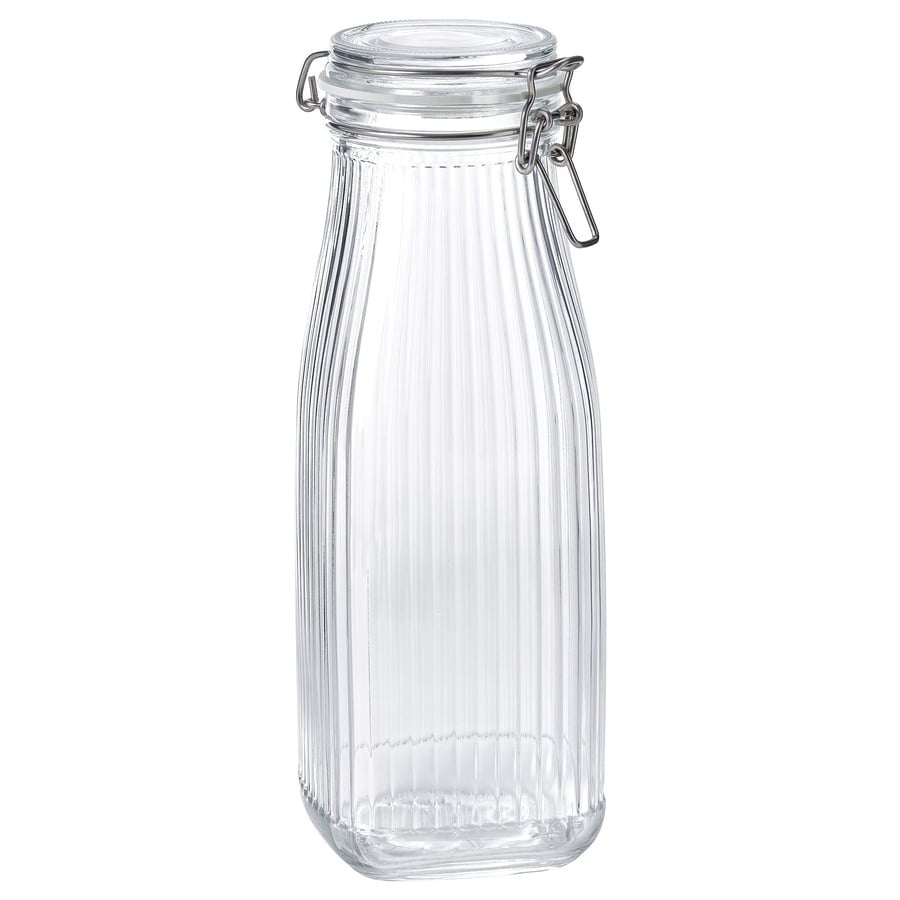 KÖSSEBÄR Bottle shaped jar with lid, clear glass, 1 l