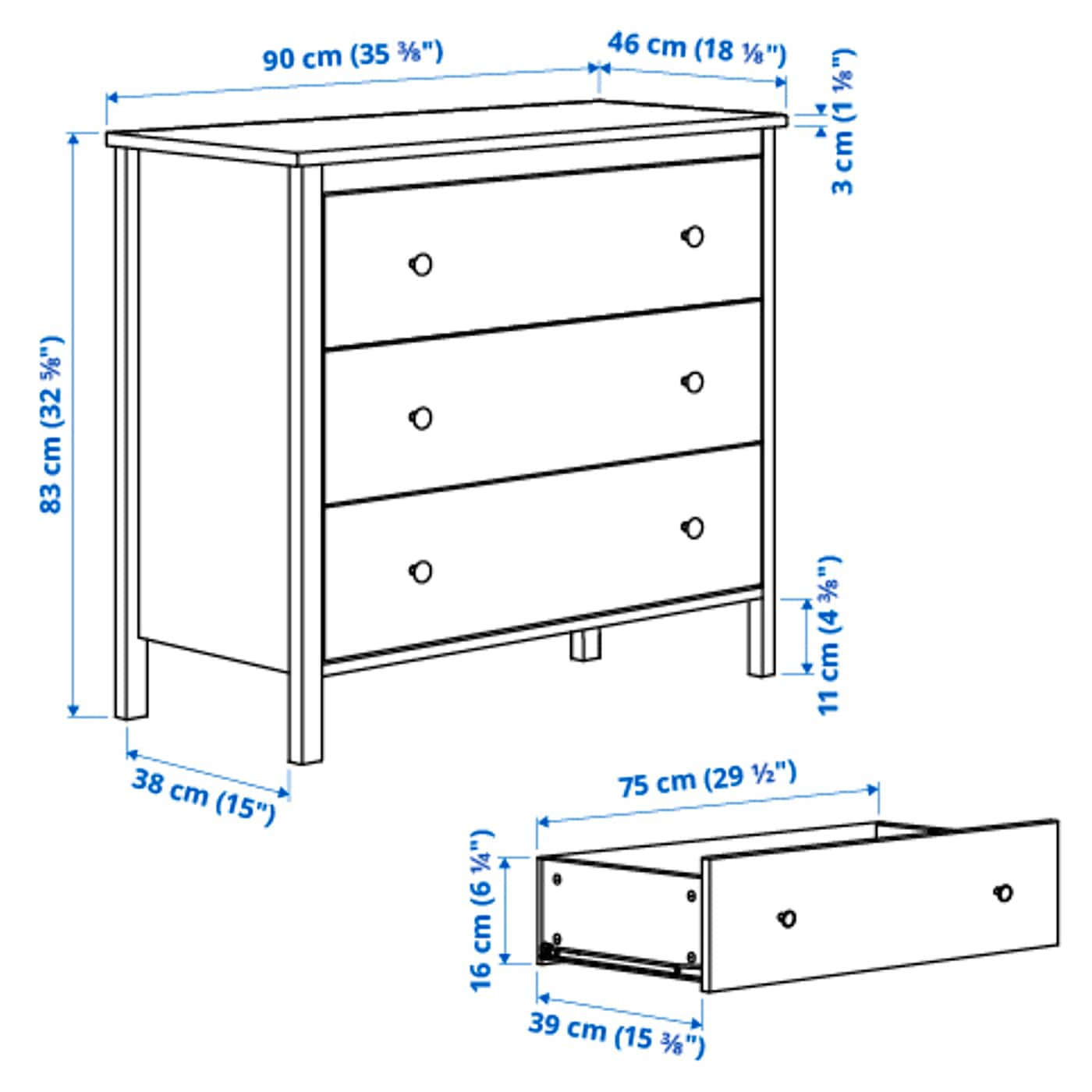 KOPPANG Chest of 3 drawers, white, 90x83 cm