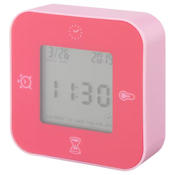 LÖTTORP Clock/thermometer/alarm/timer, pink, 7x7 cm