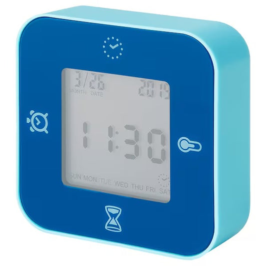 LÖTTORP Clock/thermometer/alarm/timer, blue, 7x7 cm