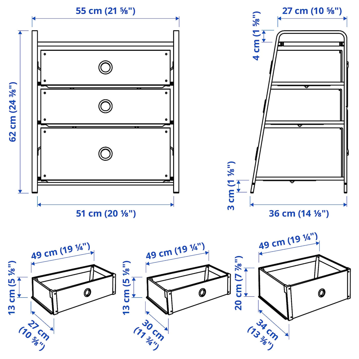 LOTE Chest of 3 drawers, white, 55x62 cm