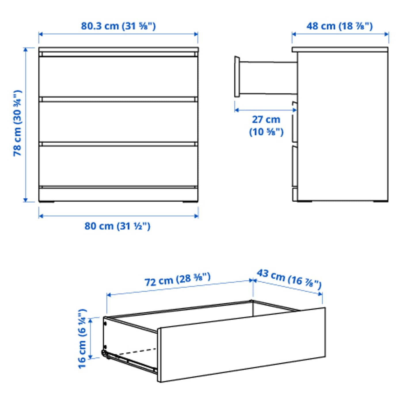 MALM Chest of 3 drawers, white, 80x78 cm