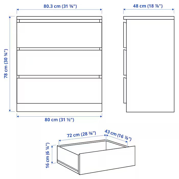 MALM Chest of 3 drawers, white, 80x78 cm