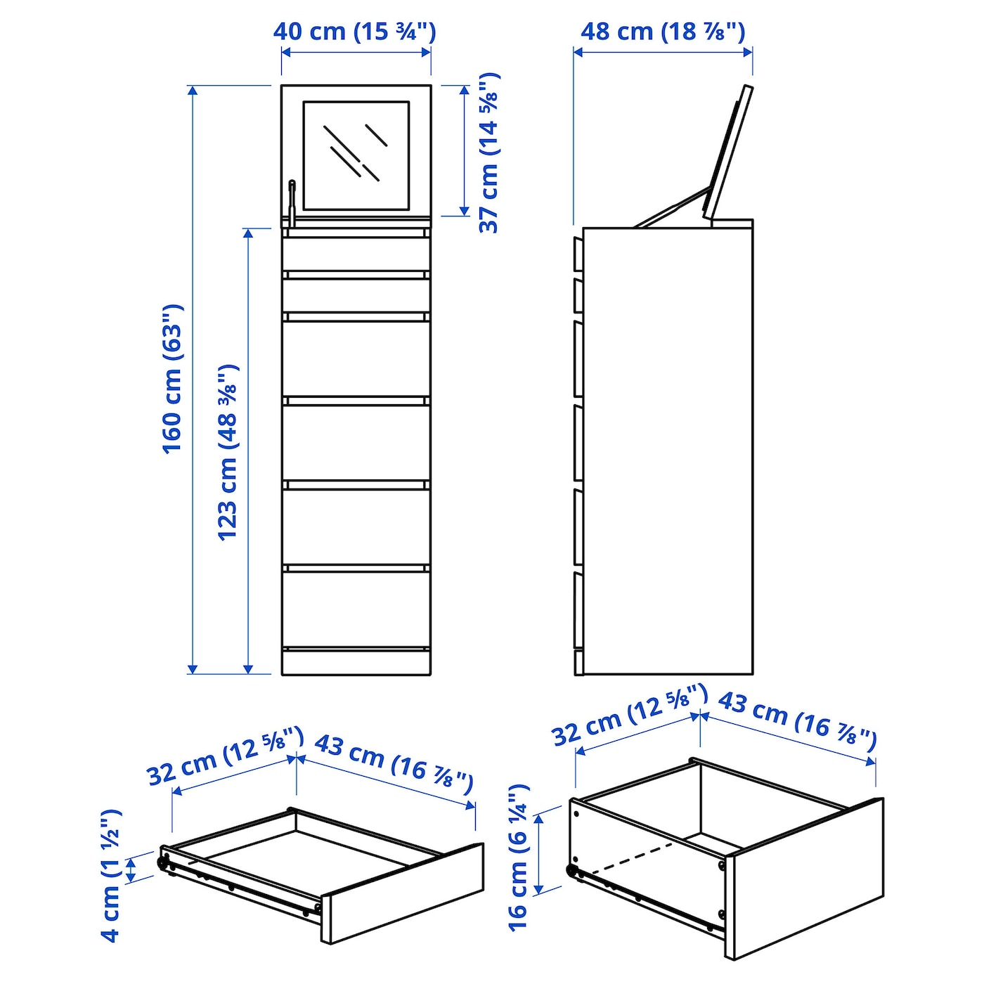 MALM Chest of 6 drawers, white/mirror glass, 40x123 cm