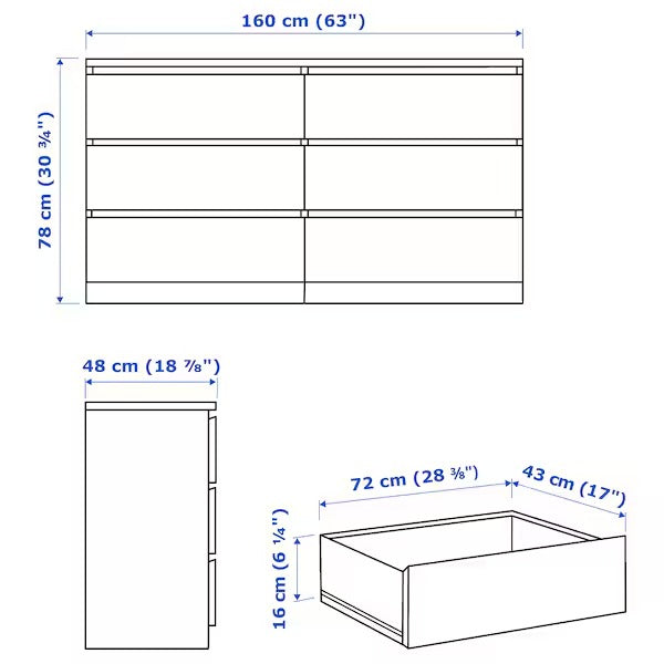 MALM Chest of 6 drawers, white, 160x78 cm