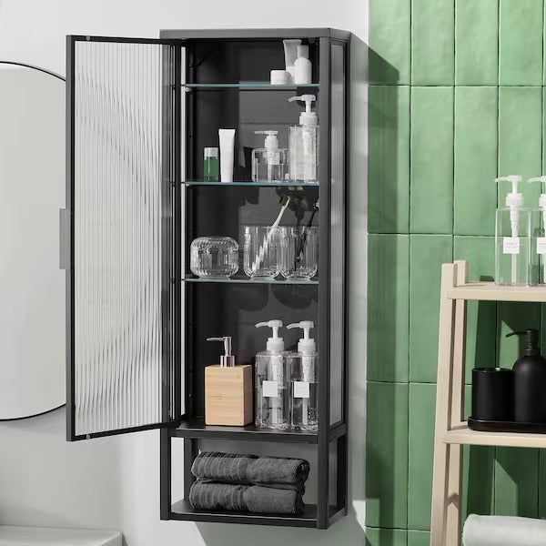 MOSSJÖN Wall cabinet w shelves/glass door, anthracite, 36x18x102 cm