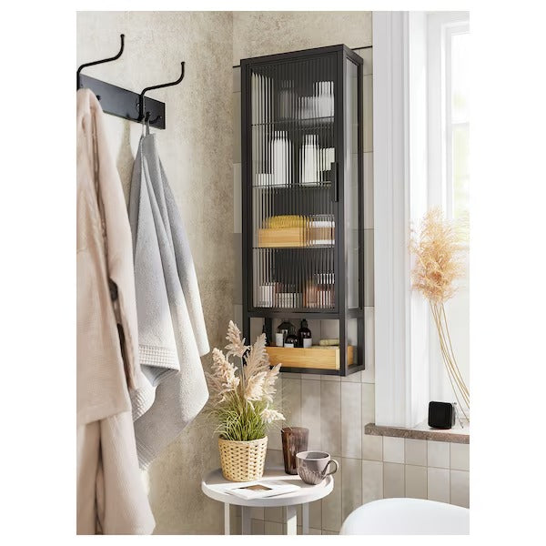 MOSSJÖN Wall cabinet w shelves/glass door, anthracite, 36x18x102 cm