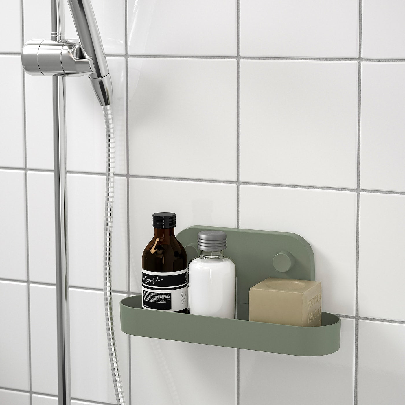 ÖBONÄS Wall shelf with suction cup, grey-green, 28 cm