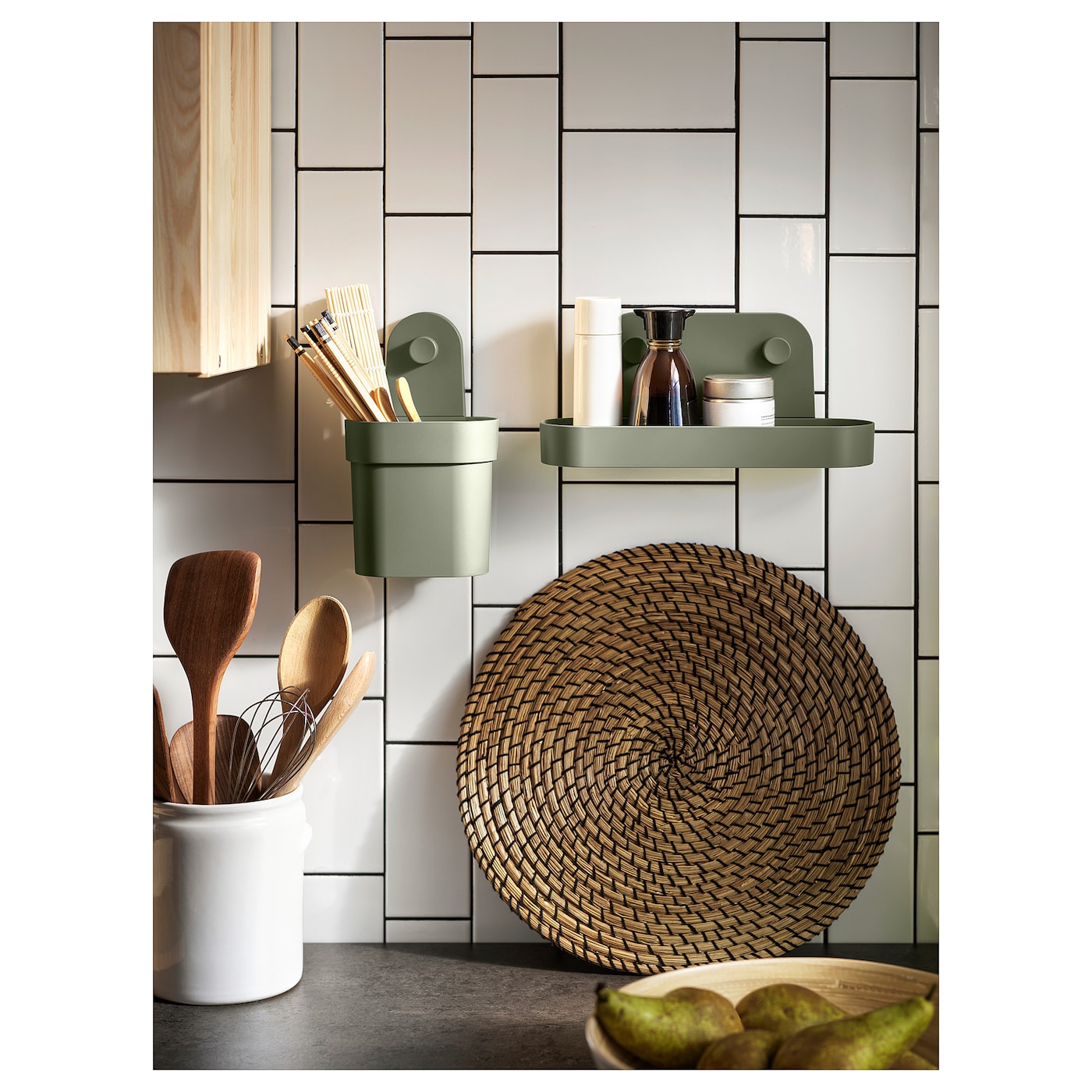 ÖBONÄS Wall shelf with suction cup, grey-green, 28 cm