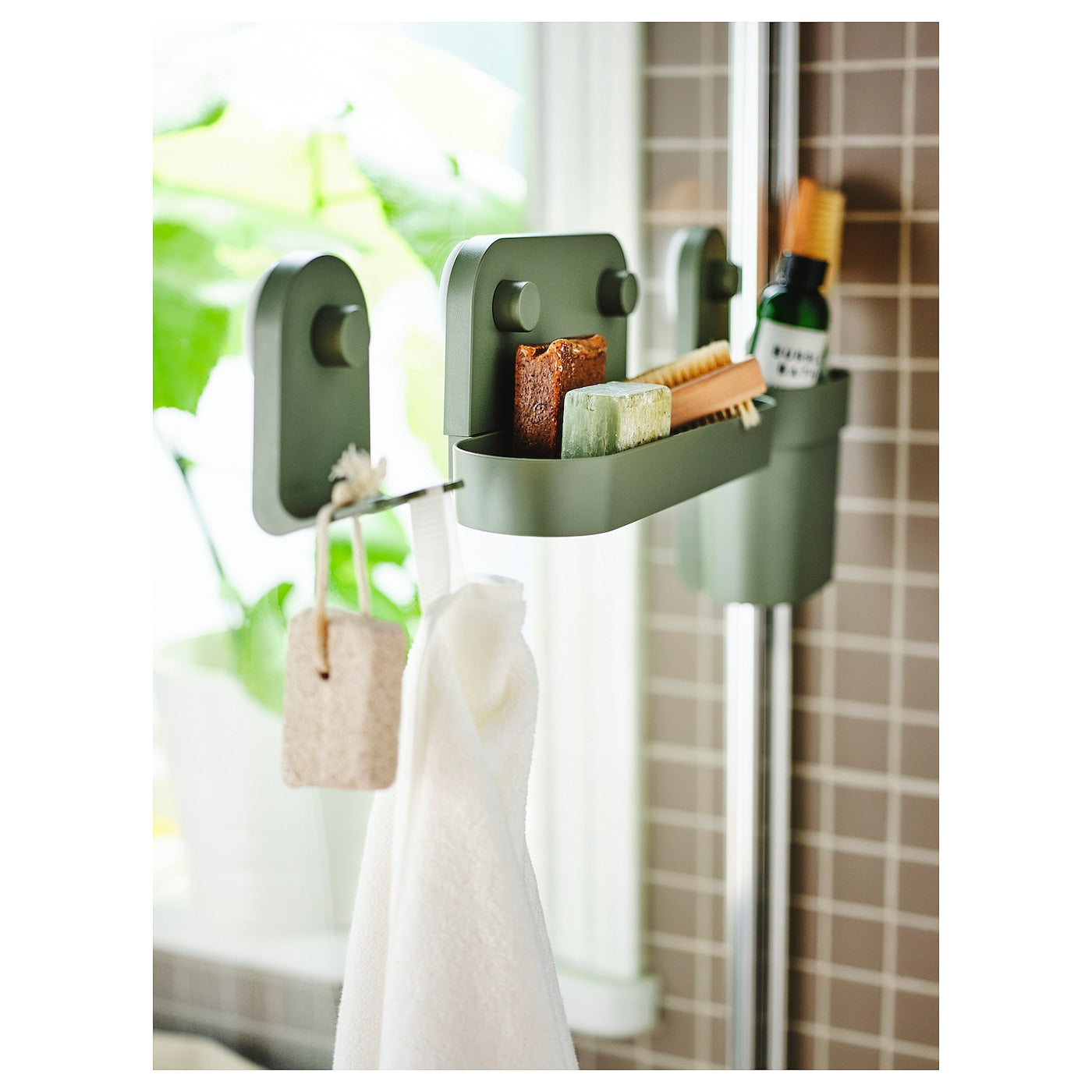 ÖBONÄS Wall shelf with suction cup, grey-green, 28 cm