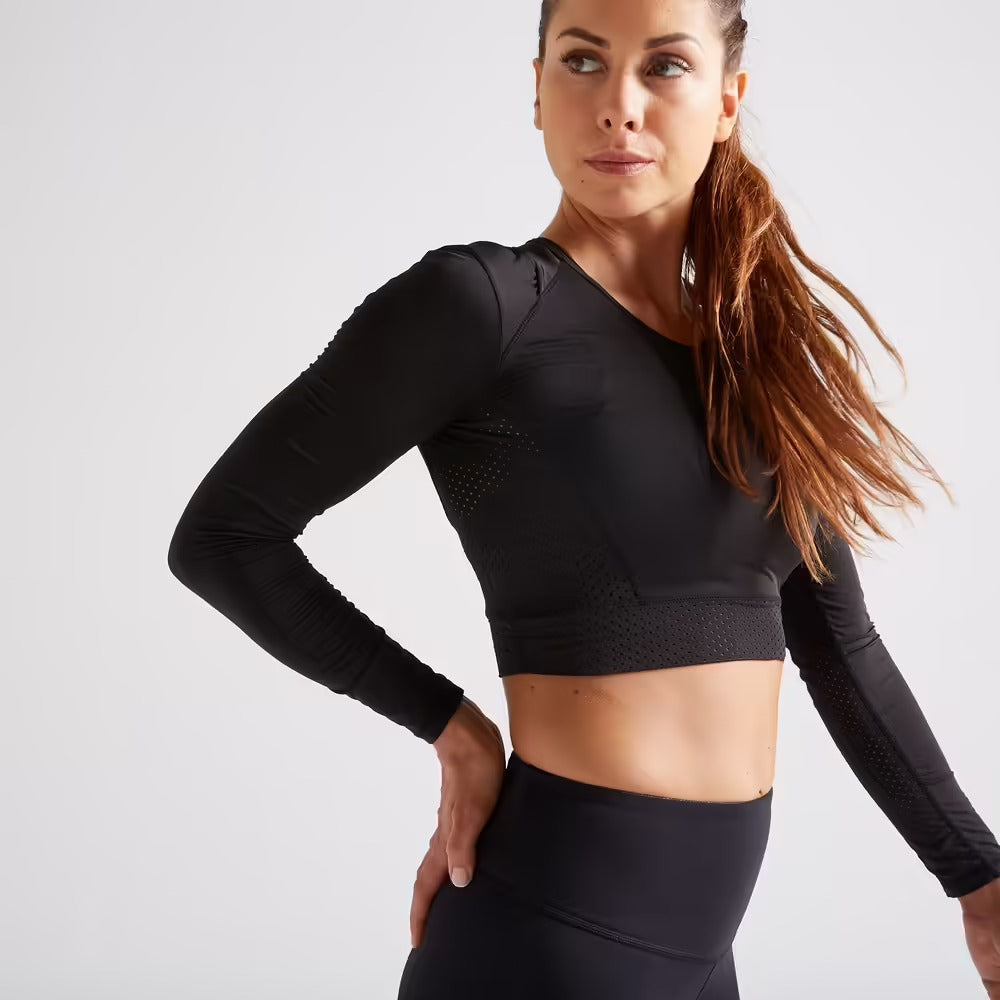 Long-Sleeved Cropped Fitness Cardio T-Shirt - Black