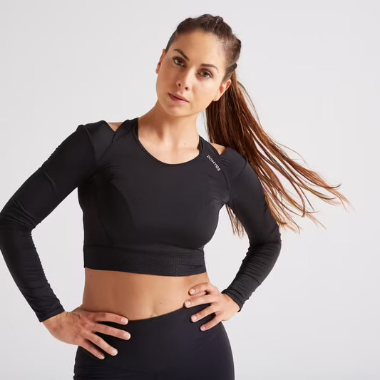 Long-Sleeved Cropped Fitness Cardio T-Shirt - Black
