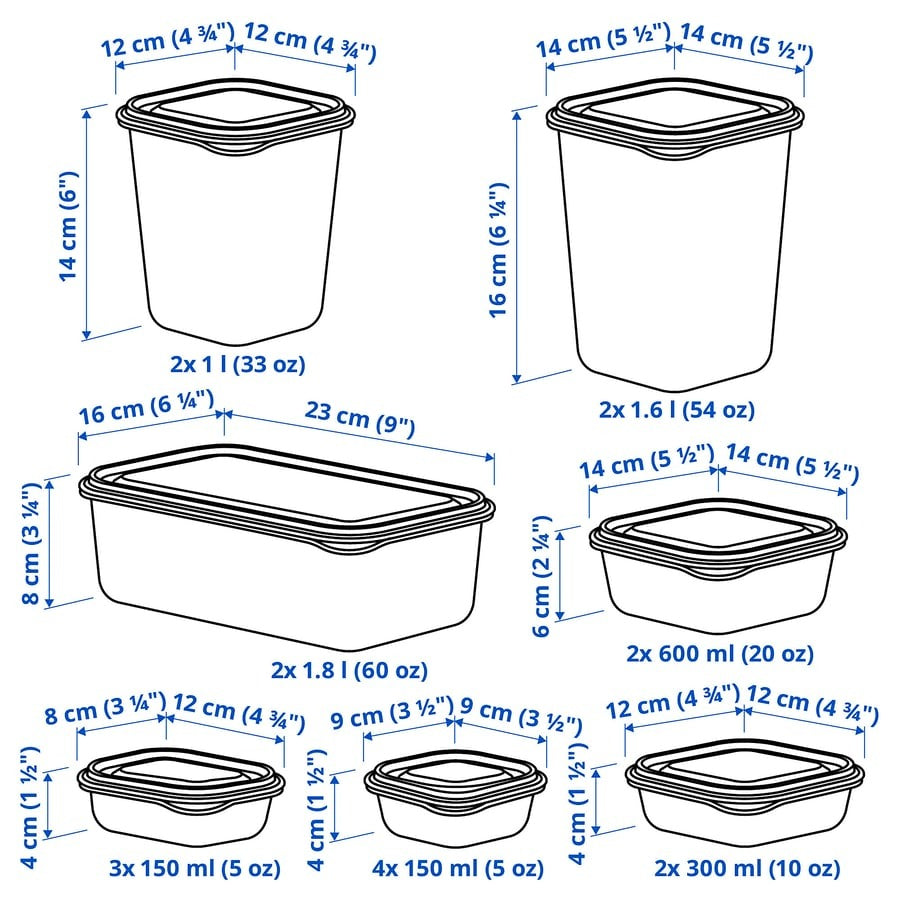 PRUTA Food container with lid, set of 17, green