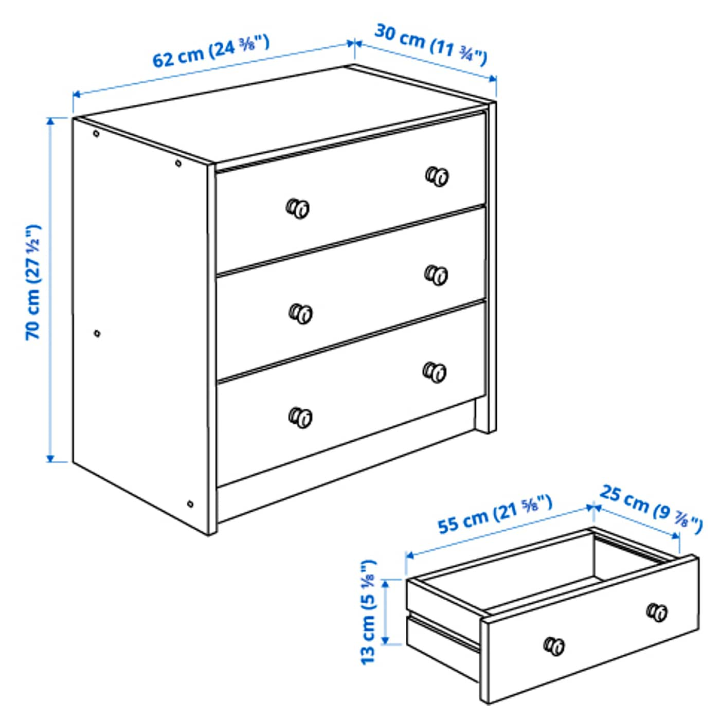 RAST Chest of 3 drawers, pine, 62x70 cm