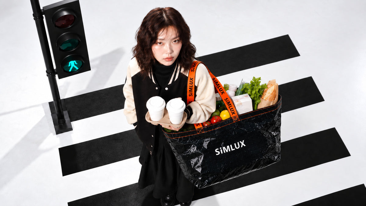 Model on a crosswalk holding coffees, SiMLUX Cargo Bag full of groceries