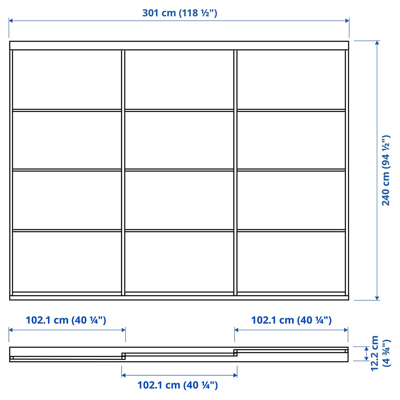 SKYTTA / HOKKSUND Sliding door combination, white/high-gloss light grey, 301x240 cm