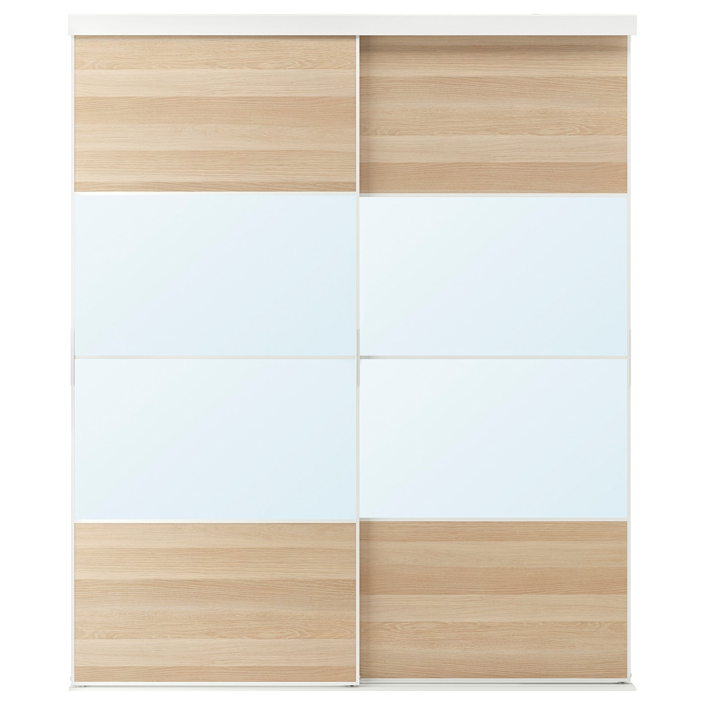 SKYTTA / MEHAMN/AULI Sliding door combination, white/white stained oak effect mirror glass, 202x240 cm