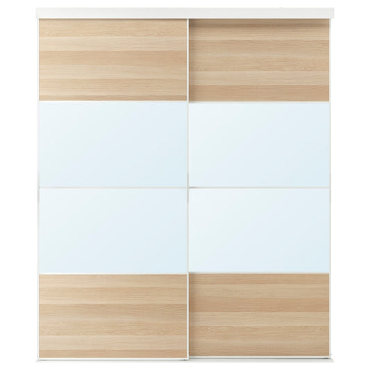 SKYTTA / MEHAMN/AULI Sliding door combination, white/white stained oak effect mirror glass, 202x240 cm