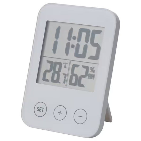 SLÅTTIS Clock with hygro-/thermometer, white, 8x12 cm