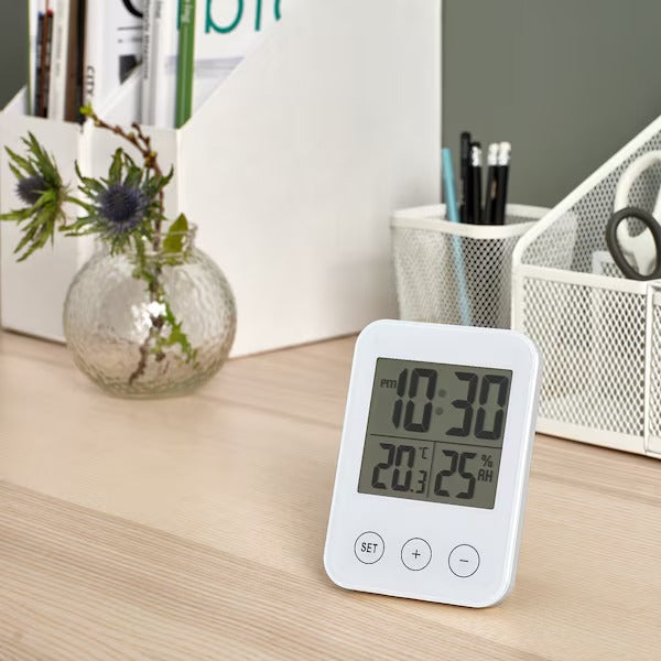 SLÅTTIS Clock with hygro-/thermometer, white, 8x12 cm