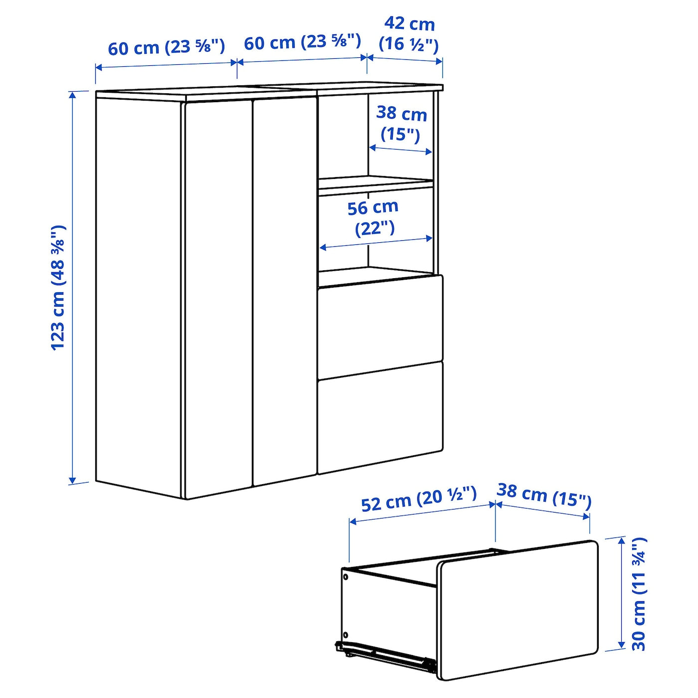 SMÅSTAD / PLATSA Storage combination, white/blue, 120x42x123 cm