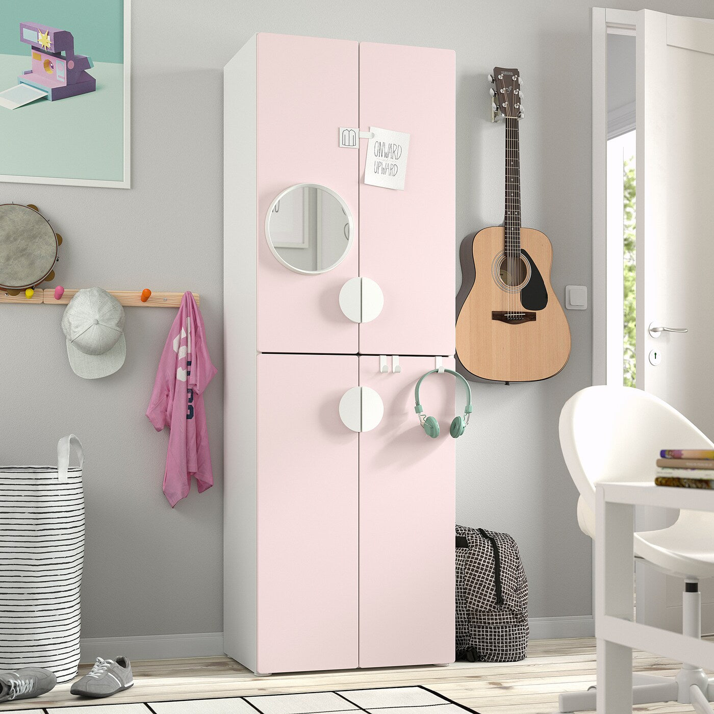 SMÅSTAD / PLATSA Wardrobe, white pale pink/with 2 clothes rails, 60x42x181 cm