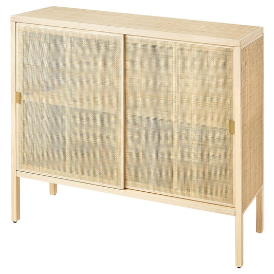 STOCKHOLM 2025 Cabinet with sliding doors, rattan/pine, 125x47x110 cm