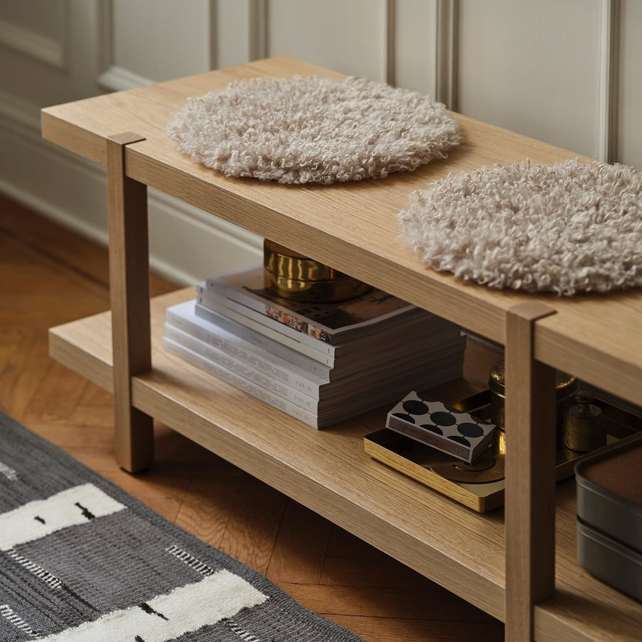 STOCKHOLM 2025 Shelving unit/bench, oak veneer, 180x41x44 cm